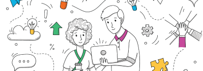 L'image est un dessin représentant deux personnes travaillant ensemble sur un ordinateur portable.  Autour d'eux flottent des symboles représentant des idées (ampoules), du travail d'équipe (mains jointes), de la croissance (flèche vers le haut), et de la résolution de problèmes (pièce de puzzle). Le style est décontracté et coloré. L'ensemble évoque une atmosphère positive et dynamique.