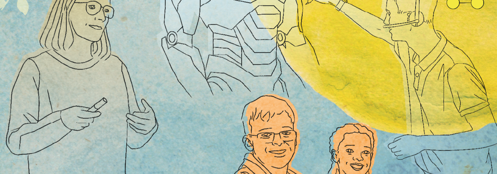 dessin d'une enseignante qui explique, d'une personne qui dessinne le trait d'un robot, deux &eacute;tudiants qui sourient et d'une &eacute;tudiante tournant des boutons sur une machine