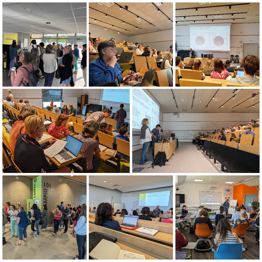 Collage de plusieurs photos montrant des scènes de formation universitaire. On y voit des personnes réunies dans des amphithéâtres et des salles de cours, certaines assises avec des ordinateurs portables, d'autres écoutant des présentations projetées à l'écran. Plusieurs images montrent des échanges entre participants et intervenants, ainsi que des moments de pause et de discussion dans des espaces communs. L’ambiance est studieuse et collaborative, dans un cadre universitaire moderne.